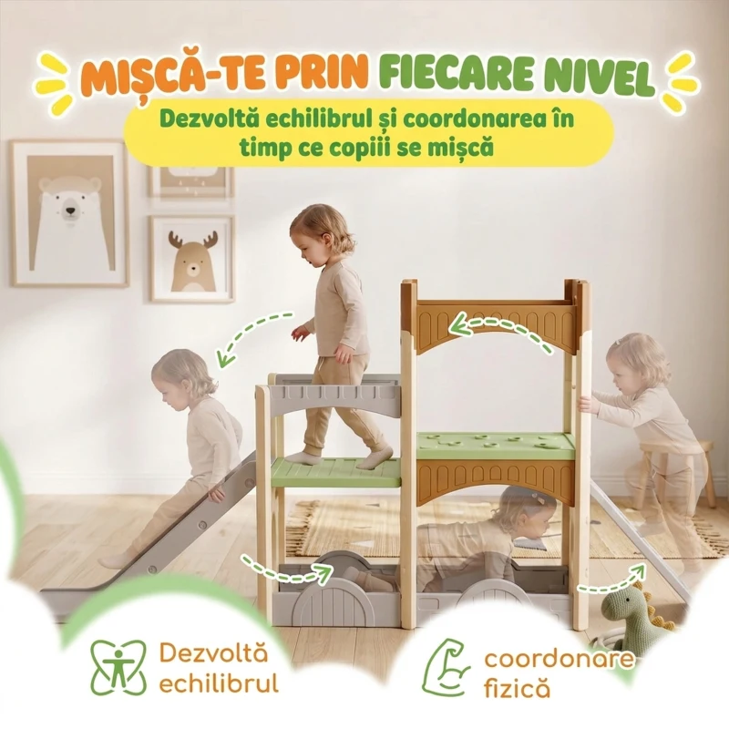 AIYAPLAY Tobogan copii 5 în 1, 3-6 ani, din HDPE, cu cățărare, pasaj, tunel și spațiu depozitare, multicolor