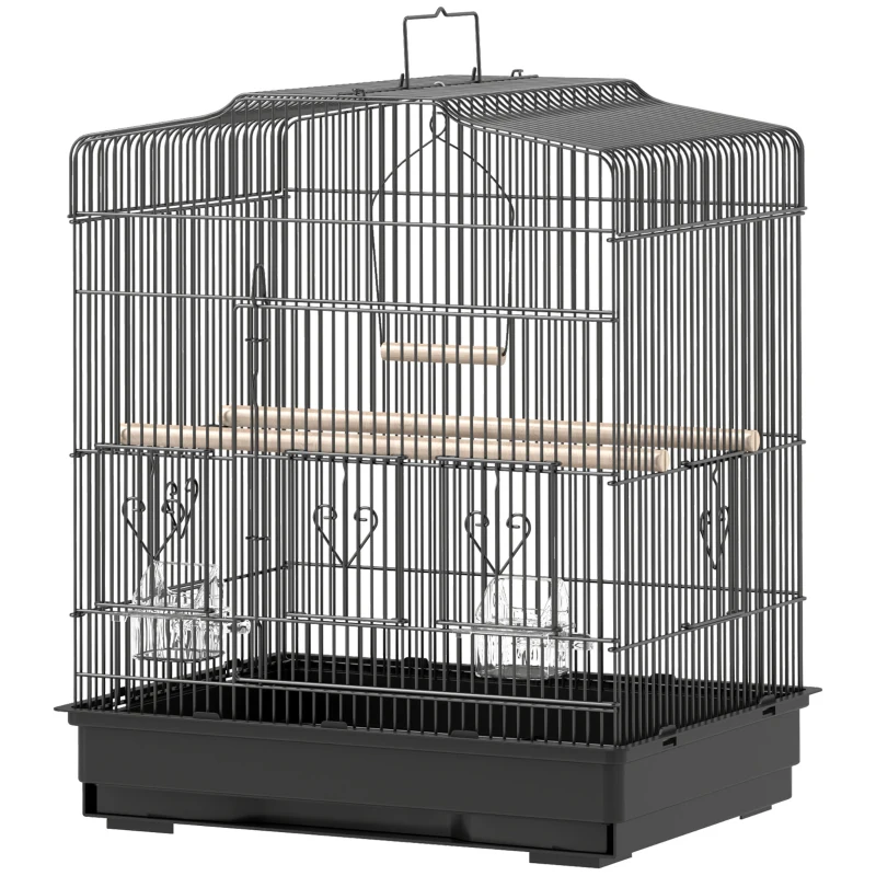PawHut Cage pour Petits Oiseaux Portable avec Poignée, Plateau Amovible et 5 Portes, Perchoirs et Balançoire, Noir