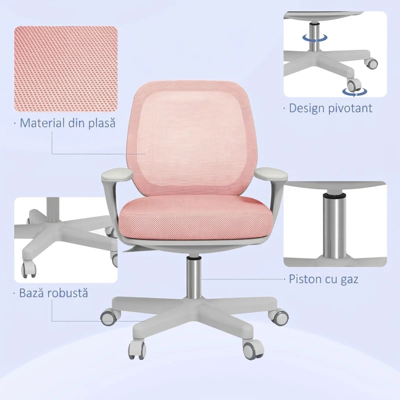 Vinsetto Scaun de birou ergonomic, reglabil pe înălțime, cu 5 roți, 55x48x82.5-94.5 cm, roz