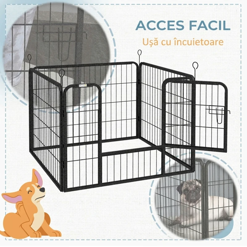 PawHut Gard pentru Câini Pliabil din Metal, pentru Interior și Exterior cu Ușă și Țăruși, 82x82x60cm Gri