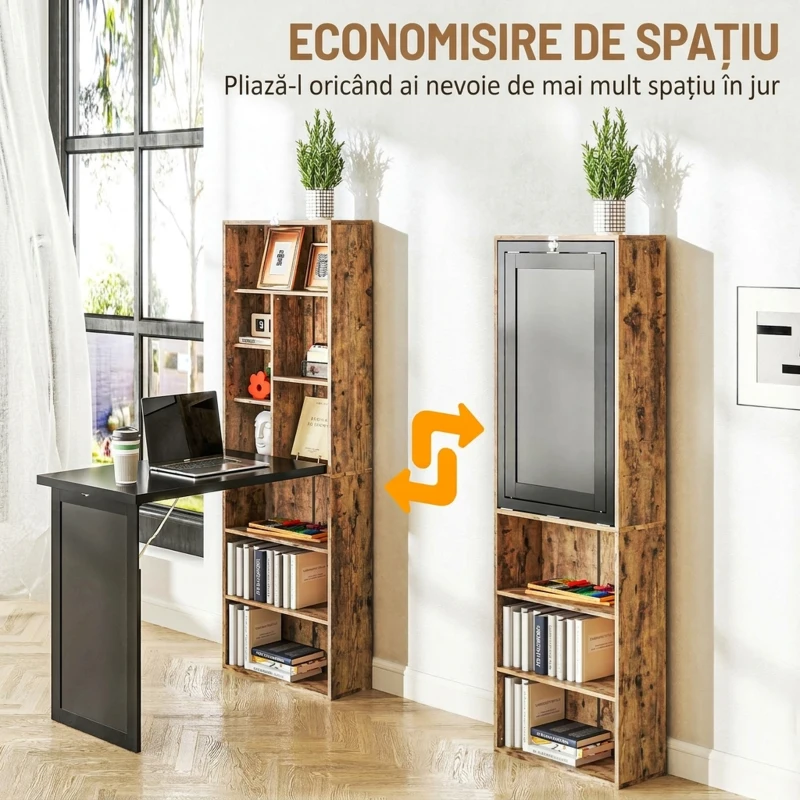 HOMCOM Birou Modern Pliabil cu Bibliotecă și Tablă, din Lemn și Metal, 98x51x153 cm, Maro Rustic