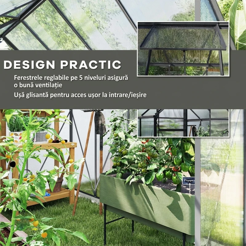 Outsunny Sera Walk-In Aluminiu & Policarbonat – Ventilatie si Jgheab