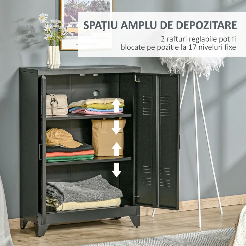 HOMCOM Dulapior Multifunctional cu 2 Usi Stil Industrial, Dulapior Metalic pentru Casa si Garaj - Gri