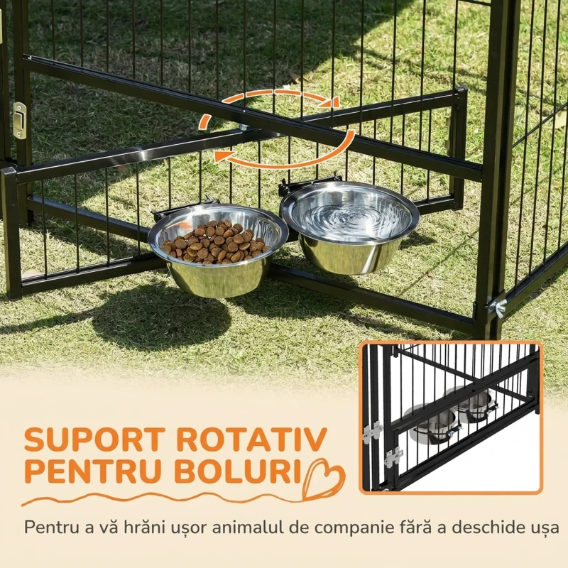 PawHut Țarc pentru câini din metal și material Oxford cu ușiță pentru boluri, 141x141x151 cm, negru și maro(m-6)
