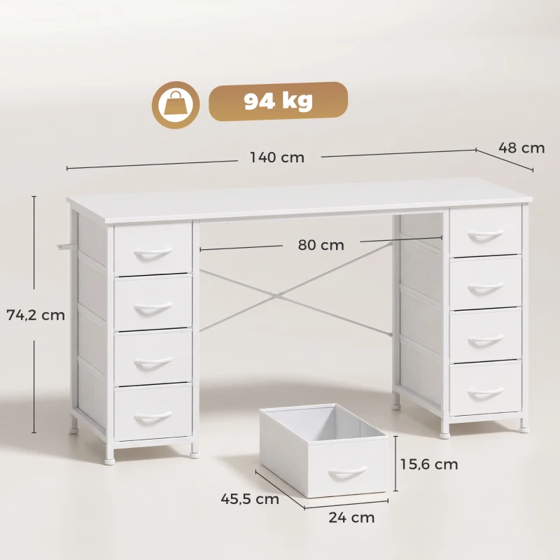 HOMCOM Computertisch mit 8 Stoffschubladen und Stauraum Schreibtisch 140 cm Weiß