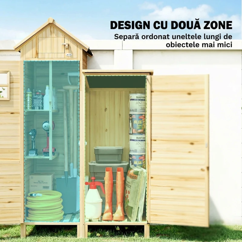 Outsunny Magazie de Grădină cu 2 Zone, Rafturi Reglabile și Fereastră, din Lemn de Brad, 106x57x167 cm, Culoare Lemn