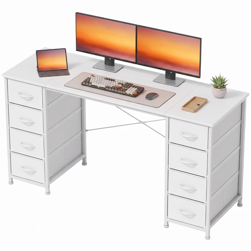 HOMCOM Computertisch mit 8 Stoffschubladen und Stauraum Schreibtisch 140 cm Weiß