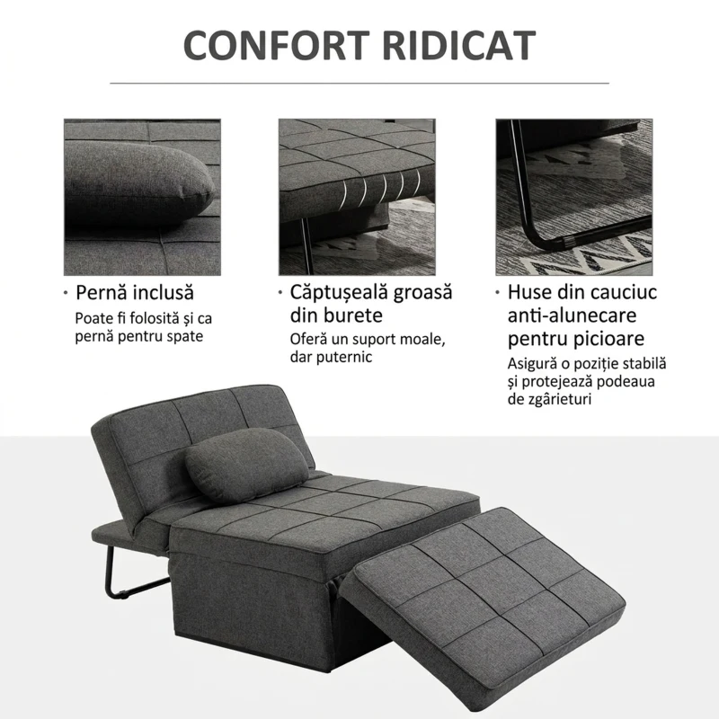 HOMCOM Fotoliu Pat 4 în 1 cu Spătar Reglabil și Pernă din Material Textil cu Aspect de In, 95x179x78 cm, Gri(m-7)