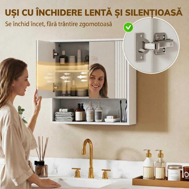 HOMCOM Dulap de Baie Suspendat, Uși Soft-close, Raft Reglabil, 60 x 16 x 60 cm, Alb