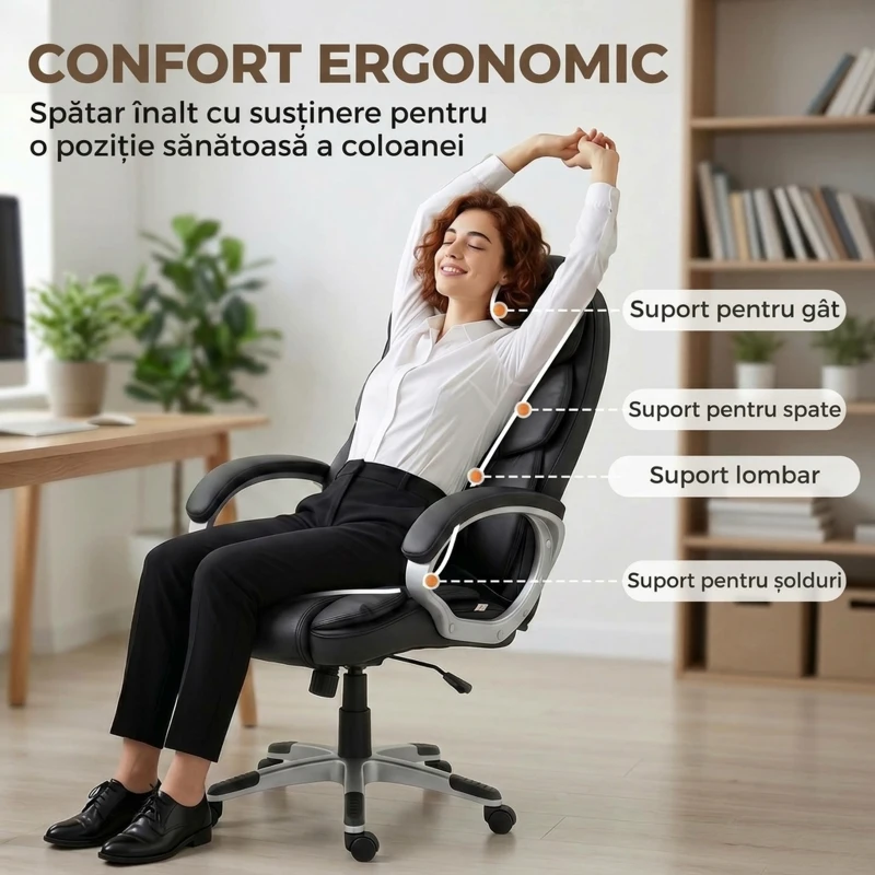 HOMCOM Scaun de Birou Ergonomic Rotativ din Piele PU, Funcție Legănare, Înălțime Reglabilă, Capacitate 120kg, Negru
