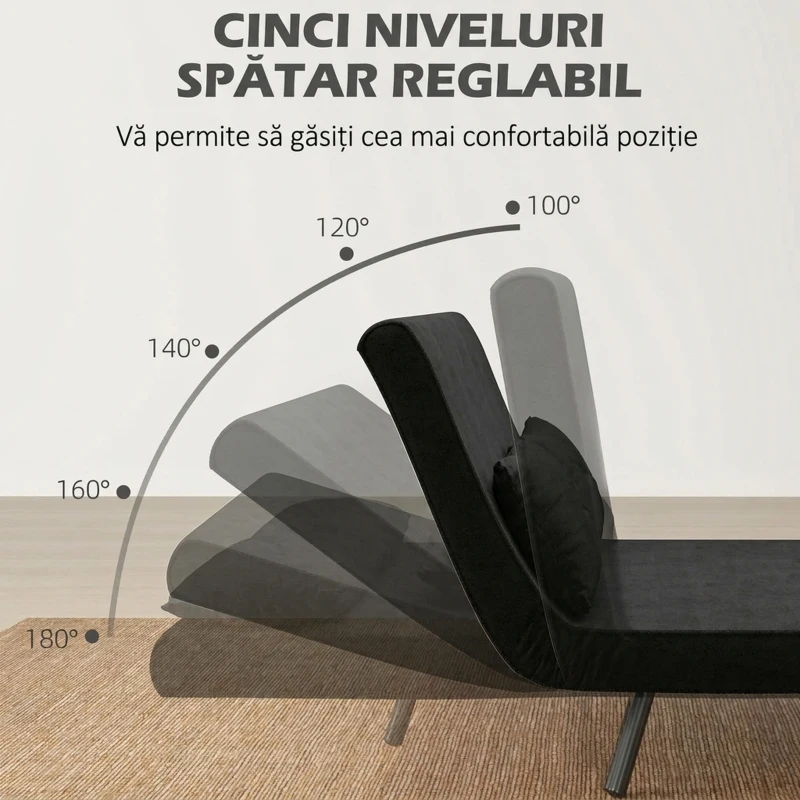 HOMCOM Canapea extensibilă 3 în 1 din material cu efect de catifea, cu spătar reglabil și 2 perne, 102x73x81 cm, negru(m-5)
