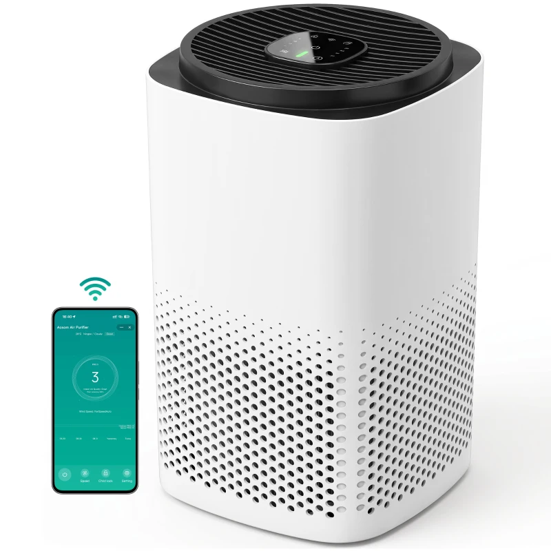 HOMCOM Purificador de Airecon Filtro HEPA hasta 27 m² Modo Sueño/Auto Control App y Voz Silencioso Temporizador Blanco