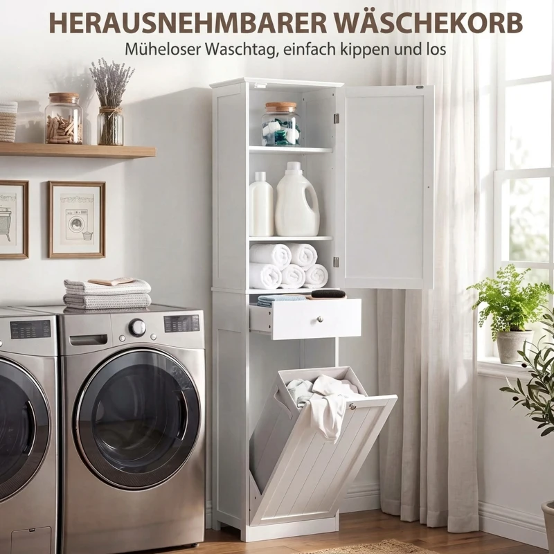 HOMCOM Smalle badkamerkast met kantelbaar wasvak, 180 cm, wit