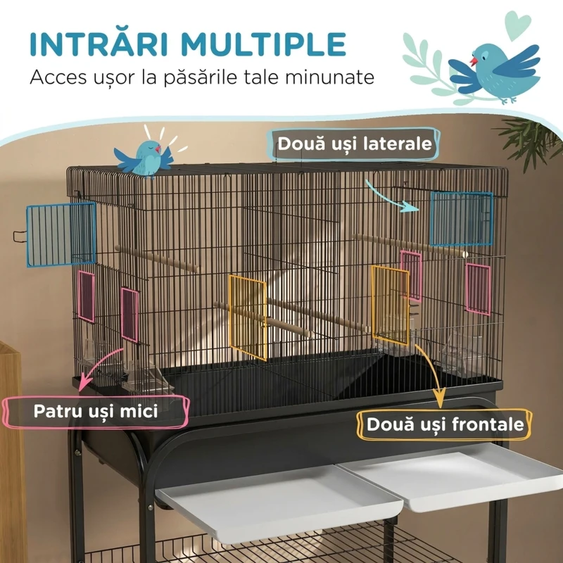 PawHut Colivie de interior pentru păsări cu tavă, raft și roți cu frână, 85x49x119 cm, negru