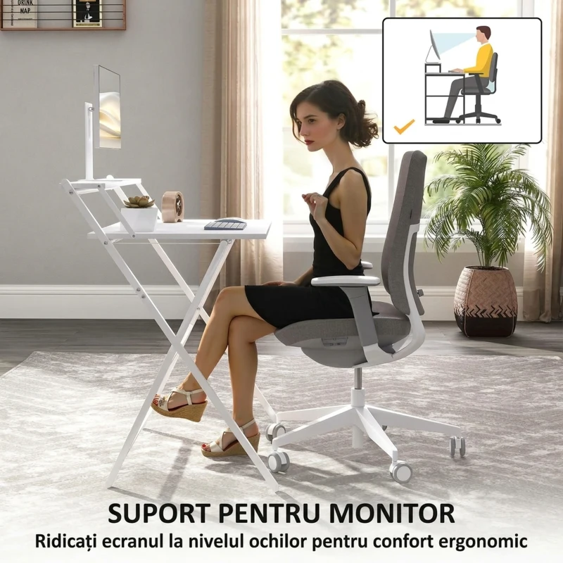 HOMCOM Birou pliabil cu suport pentru monitor, 81.5x62x86.5 cm, alb
