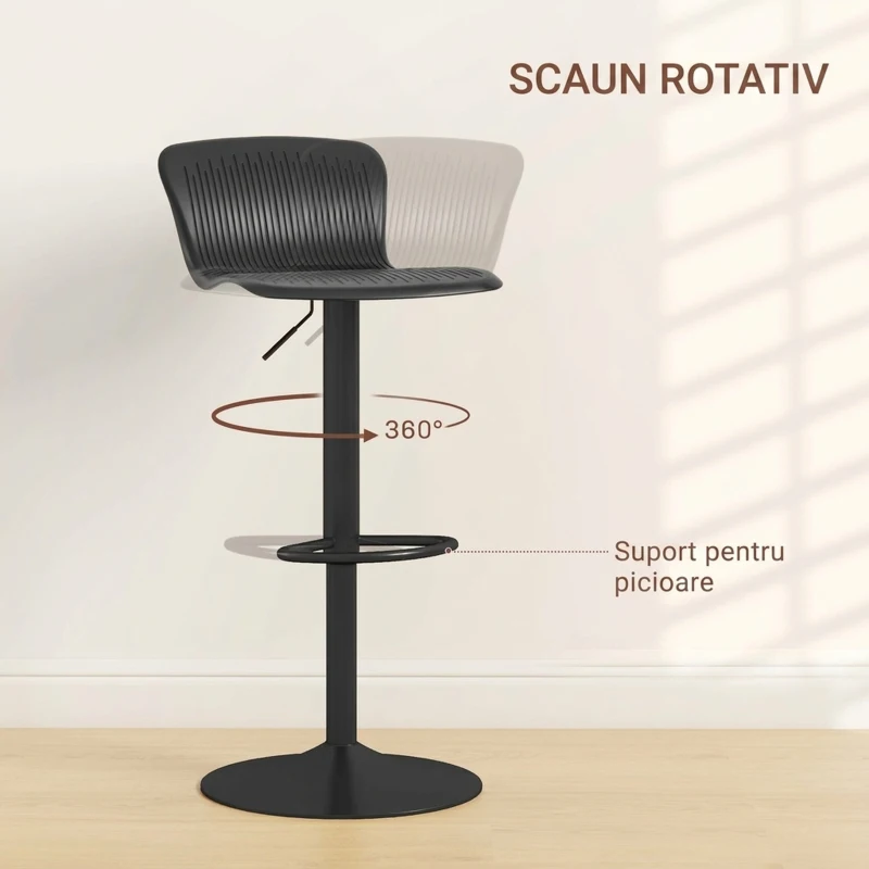 HOMCOM Set 2 scaune de bar cu spătar, rotative și cu înălțime reglabilă, polipropilenă, negru