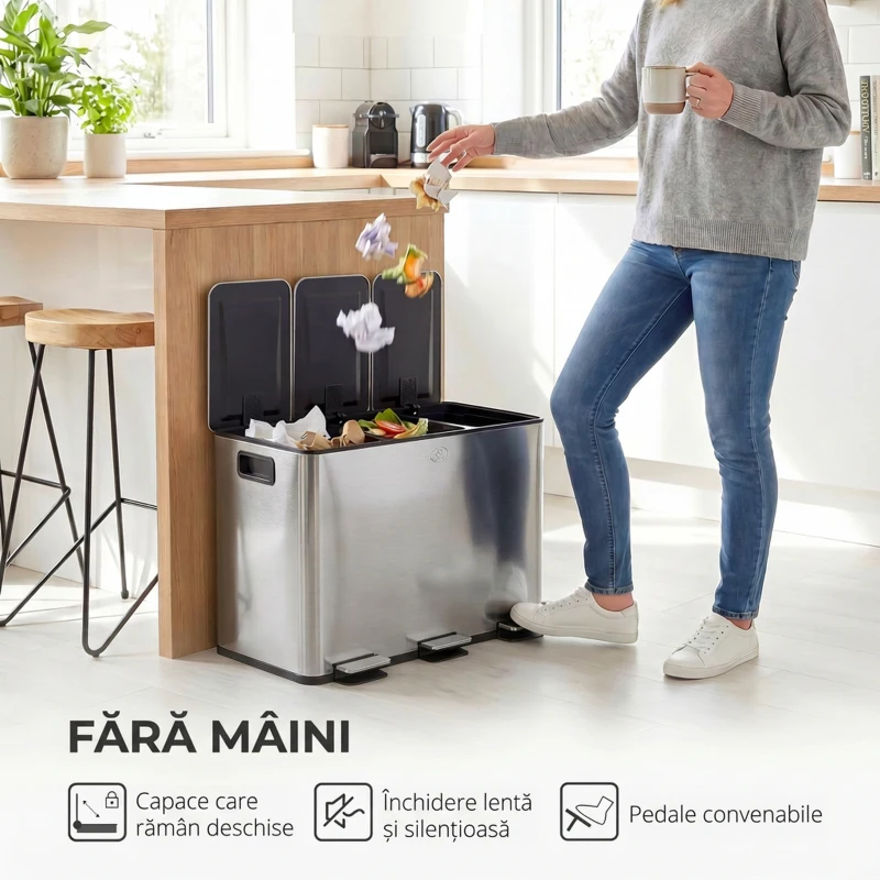 HOMCOM Coș de Gunoi cu 3 Compartimente de 20L cu Închidere Silențioasă, din Oțel Inoxidabil și PP, 61.9x36.6x56.7 cm