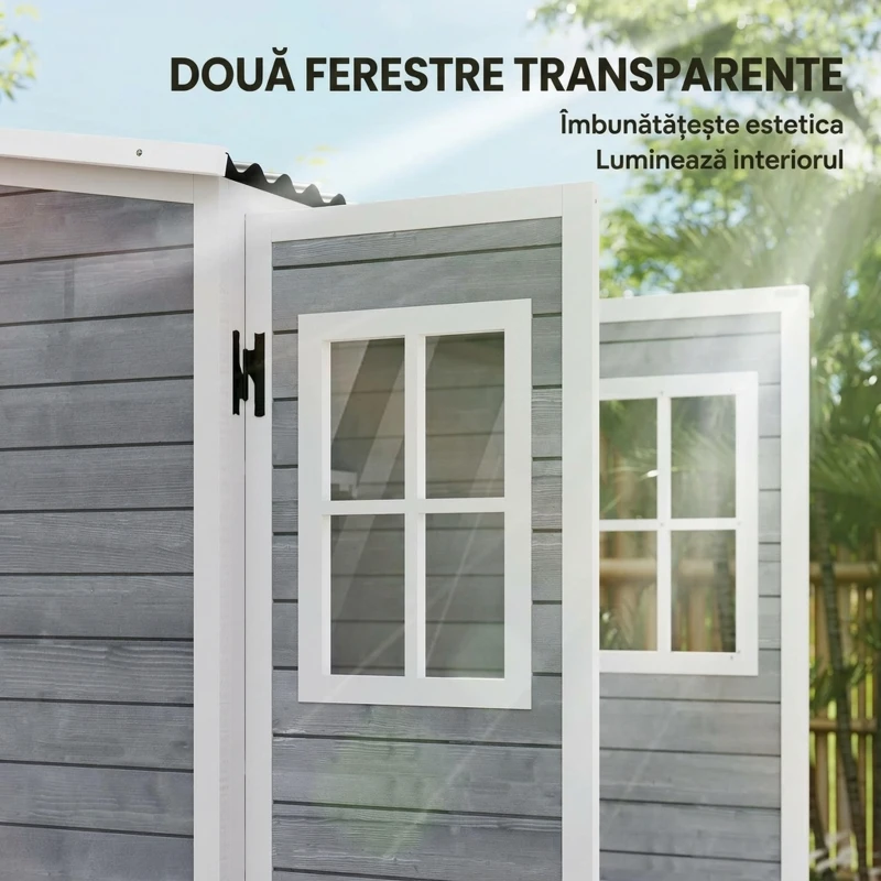 Outsunny Căsuță de Grădină din Lemn cu Rafturi Reglabile, Două Uși cu Încuietoare și Ferestre, Gri