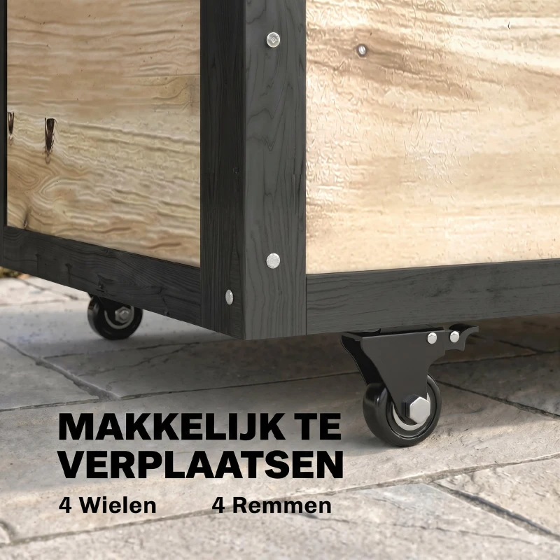 Outsunny Tuinopbergbox, 121 liter, 2 wielen, weerbestendig, metalen frame, natuurlijk hout, 100x50x43 cm