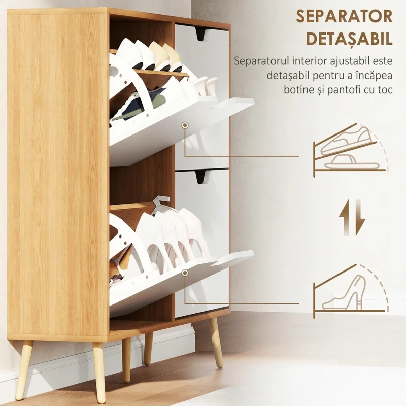 HOMCOM Dulap Pantofar Modern cu 4 Sertare Rabatabile si Raft Reglabil, Organizator de Depozitare pentru Dulap Pantofar de Hol pentru 16 Perechi de Pantofi, Natur