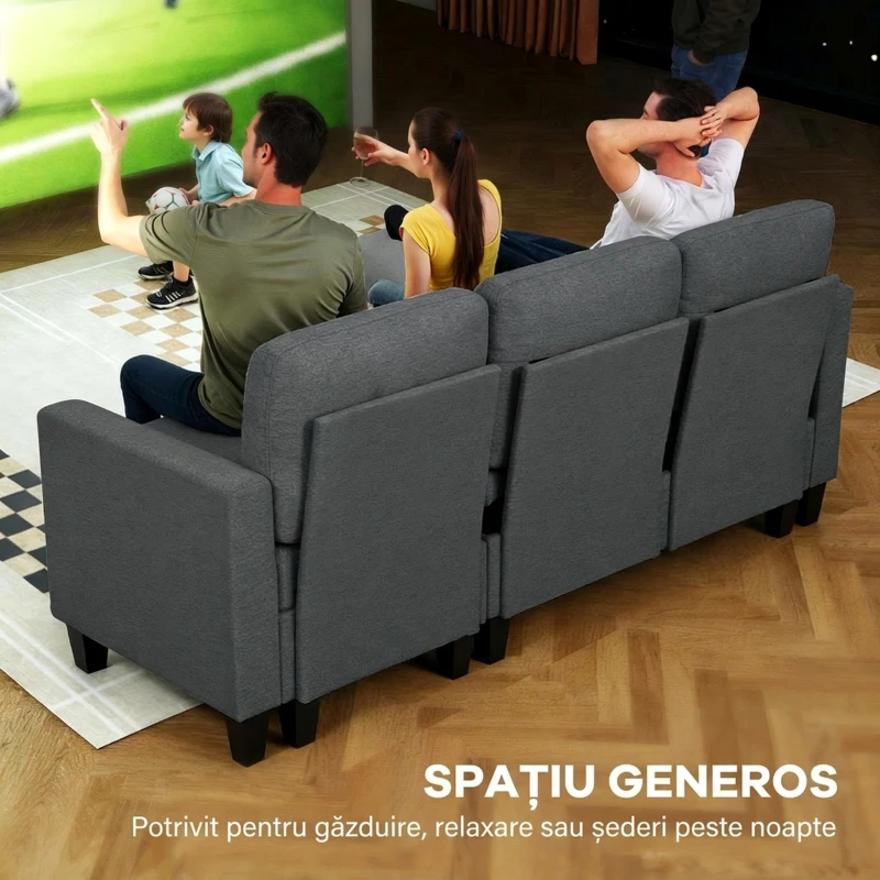 HOMCOM Divan Pat cu 3 Locuri și Chaise și Spațiu de Depozitare, din Țesătură cu Efect de Lin, 197x129x85 cm, Gri Antracit