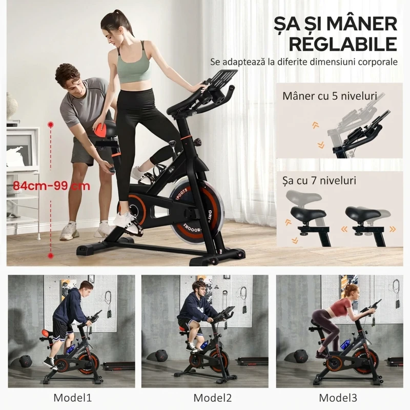 HOMCOM Bicicletă fitness pentru acasă cu volant de 8 kg și ecran LCD, din oțel și ABS, 103x53x100-114 cm, roșu și negru