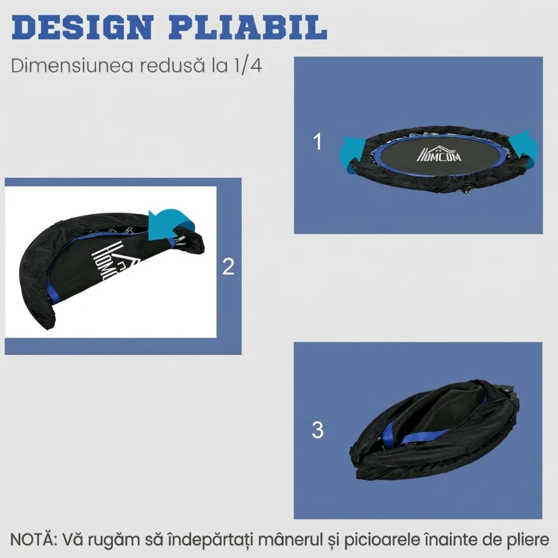 HOMCOM Mini Trambulină Fitness Ø102 cm Pliabilă cu Mâner Reglabil pe Înălțime, Albastră