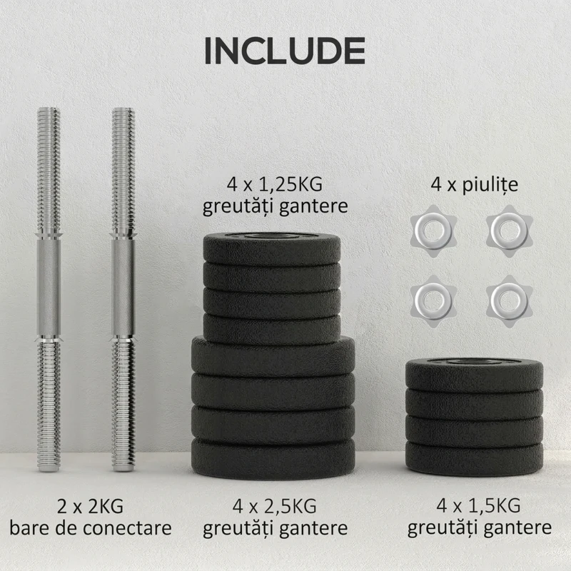 HOMCOM Set de gantere pentru sală de 25 kg în total, cu 12 discuri de greutăți și 2 bare de 2 kg, negru