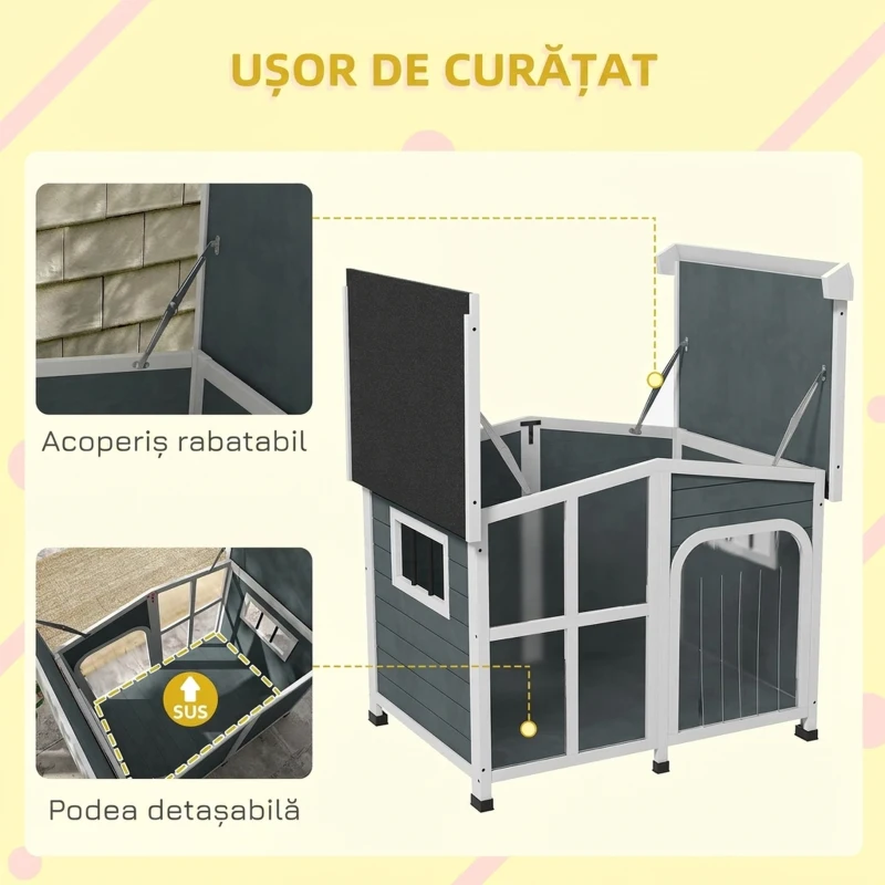 PawHut Cușcă pentru câini de talie medie, din lemn, pentru exterior, cu acoperiș rabatabil, 101x66.5x70.5 cm, gri