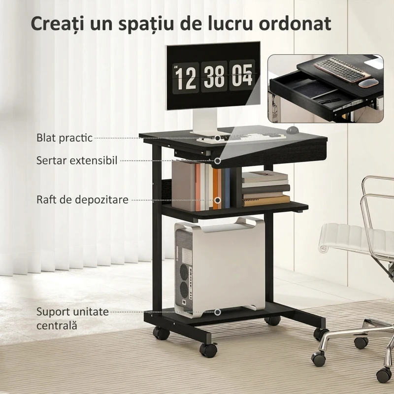 HOMCOM Birou PC cu Sertar Glisant, 2 Rafturi și 4 Roți, din Lemn și Metal, 56x51x79 cm, Negru