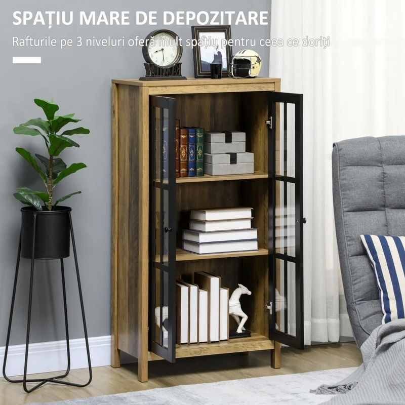 HOMCOM Bufet Modern cu 2 Uși din Sticlă și Lemn, 60x35x120cm, Maro