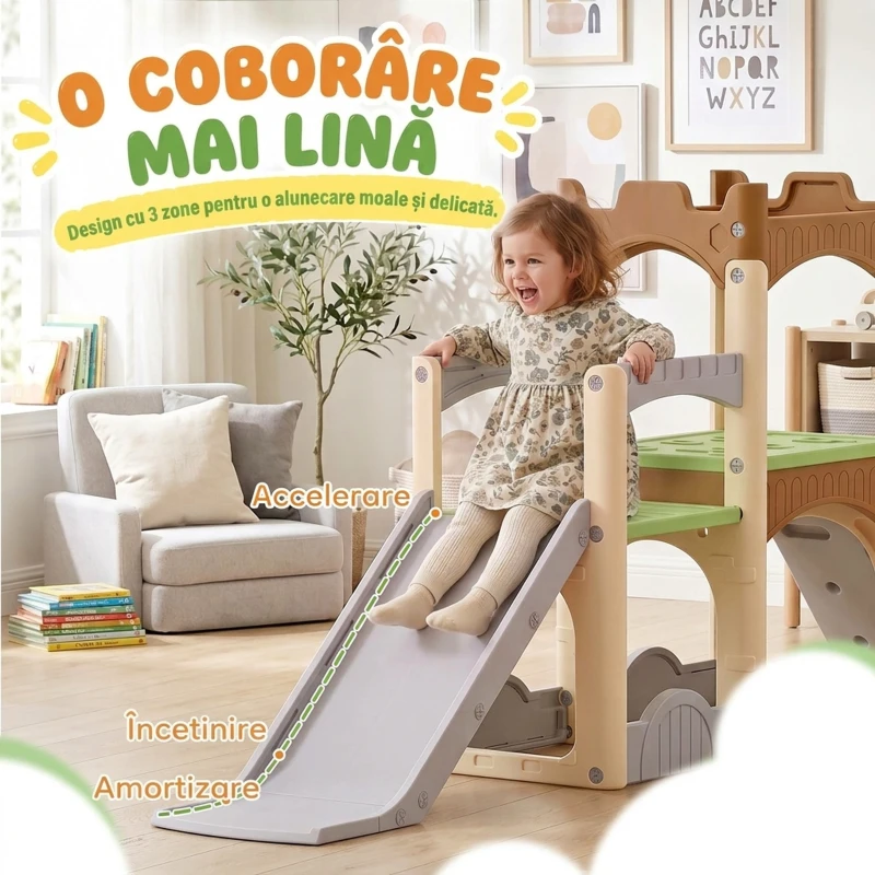 AIYAPLAY Tobogan copii 5 în 1, 3-6 ani, din HDPE, cu cățărare, pasaj, tunel și spațiu depozitare, multicolor