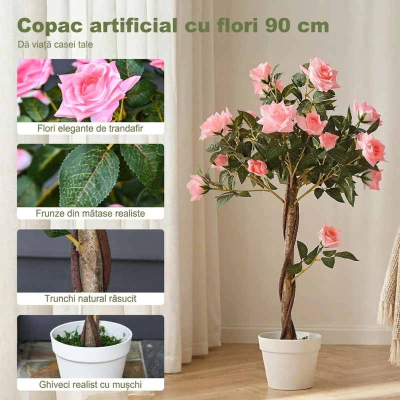 Outsunny Plantă Artificială de Trandafir cu 21 de Flori, cu Ghiveci din Ciment și Mușchi, Ø18x90 cm, Roz