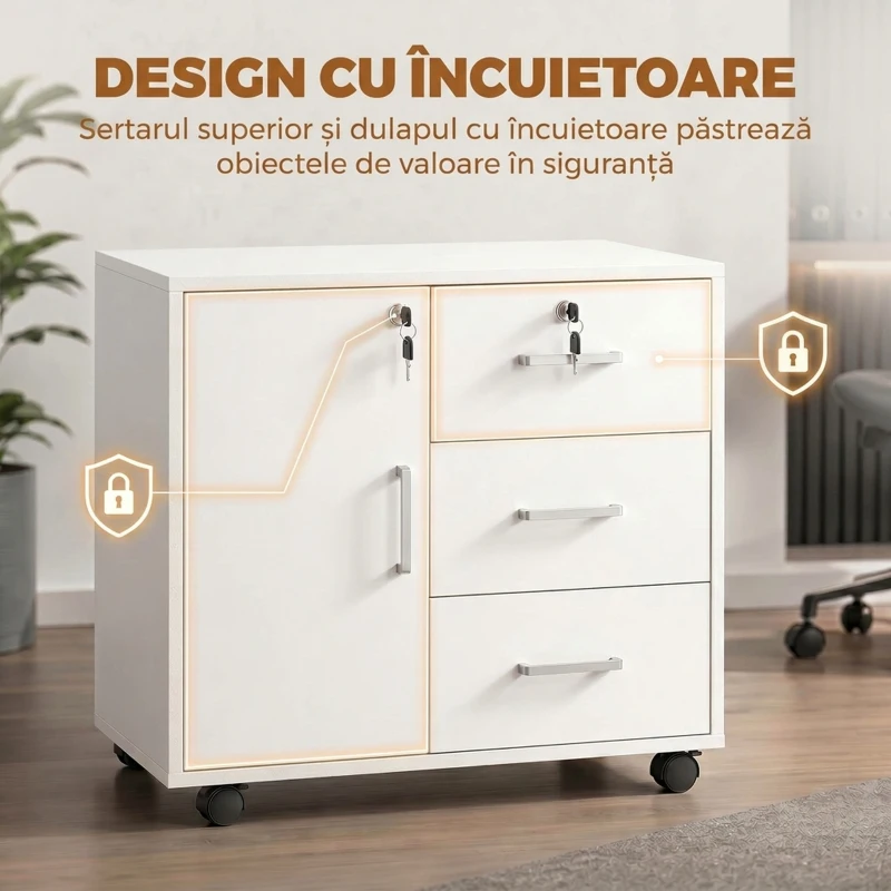 HOMCOM Dulap pentru birou cu 3 sertare și dulap cu 3 rafturi reglabile, din lemn, 60x40x56 cm, alb