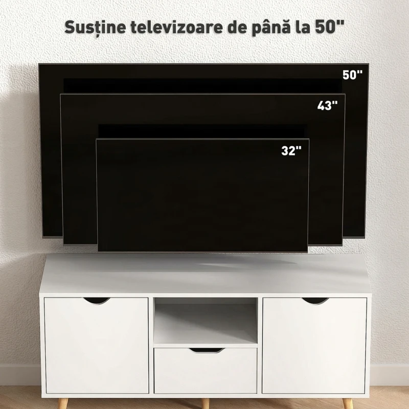 HOMCOM Comodă TV pentru ecrane de până la 50" cu Sertar, Raft Deschis și Dulapuri, 110x40x50 cm, Alb și Lemn