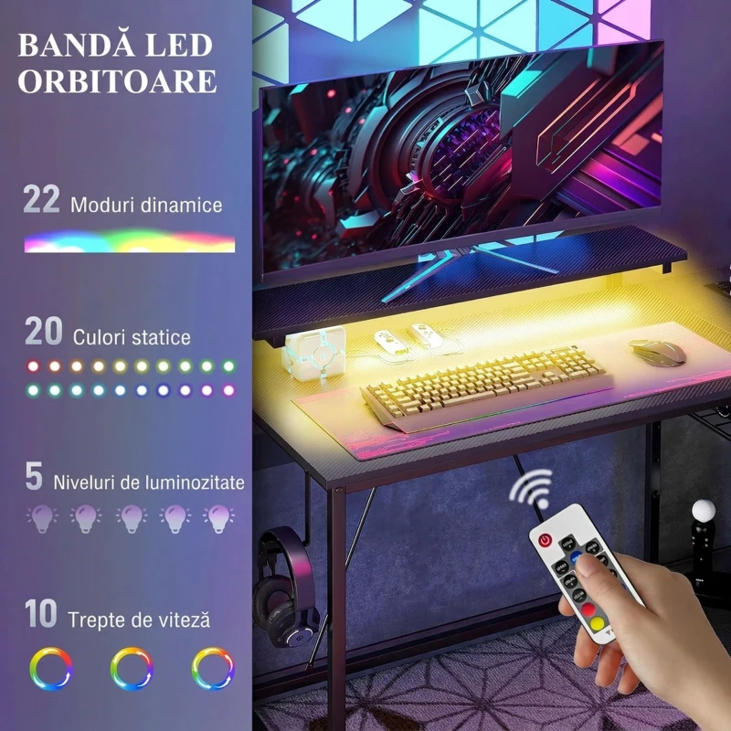 HOMCOM Birou colțar reversibil cu LED, prize de curent și USB, rafturi și suport pentru monitor, negru