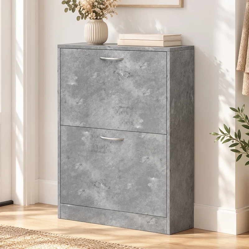 HOMCOM Mueble para Zapatos 12 Pares, Armario para Zapatos Estrecho Moderno, 2 Cajones Abatibles y Estantes Regulables, Gris