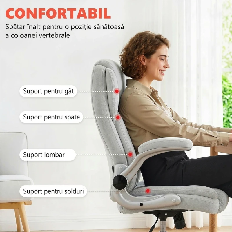 Scaun Ergonomic HOMCOM, Spătar Înalt, Tapițat în Catifea Imprimată, Cotiere Rabatabile, Alb Crem