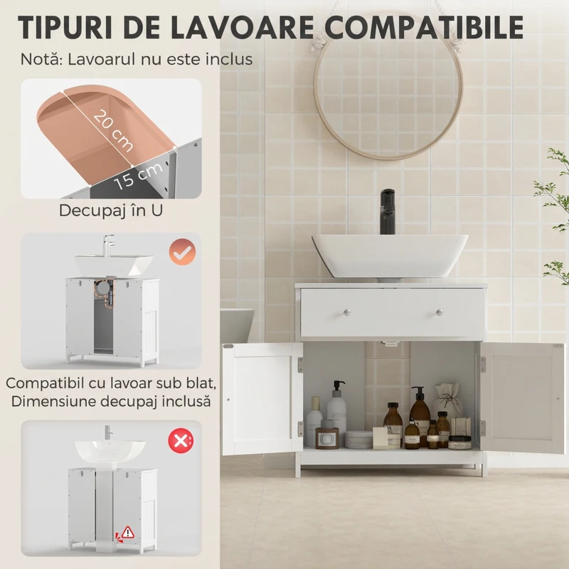 HOMCOM Mască lavoar compactă, cu sertar și dulap, alb