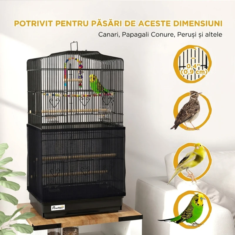 PawHut Colivie pentru pasari cu Stinghii, Leagan si boluri, Voliera din Metal si Plastic, 46.5x35.5x92 cm, Negru