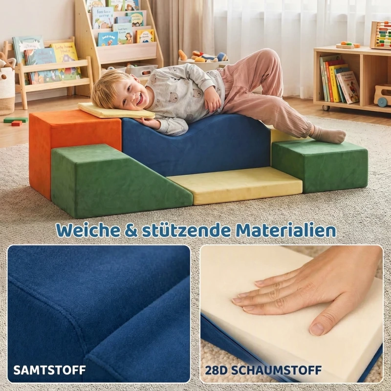 AIYAPLAY Schaumstoff Bausteine für Kinder Klettern 6 teilige Indoor Softbausteine mit utschfester Unterseite Samtoptik XXL Bunt