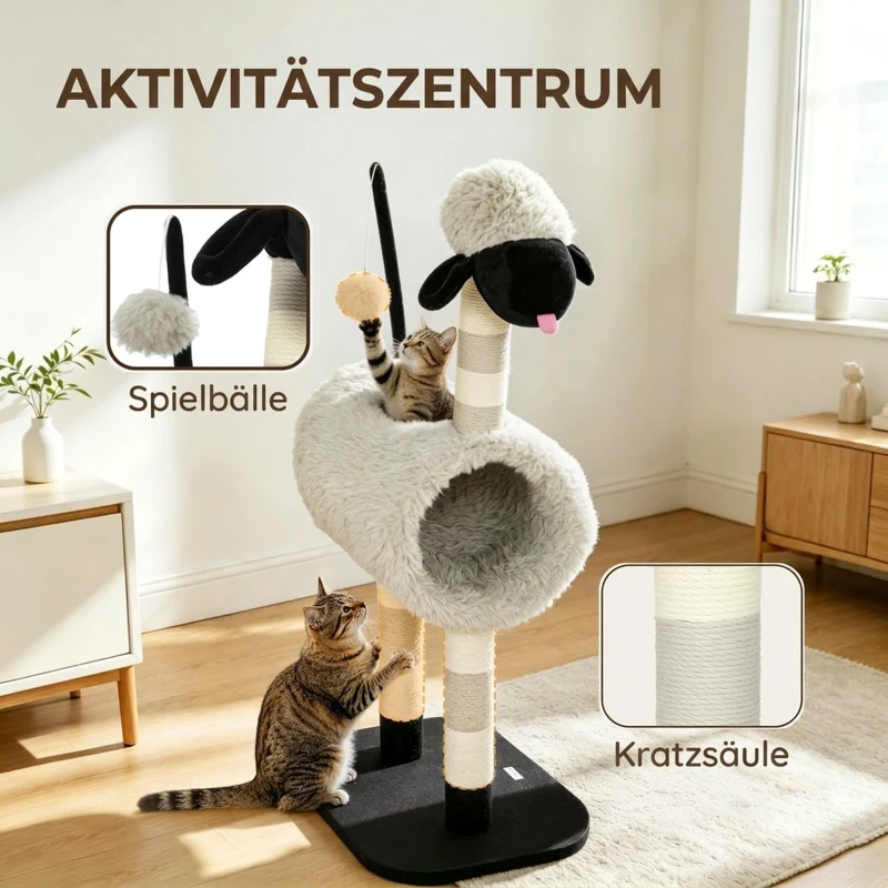 PawHut Kattenboom in schaapdesign met krabpalen, tunnel en speelgoed, 98 cm, lichtgrijs