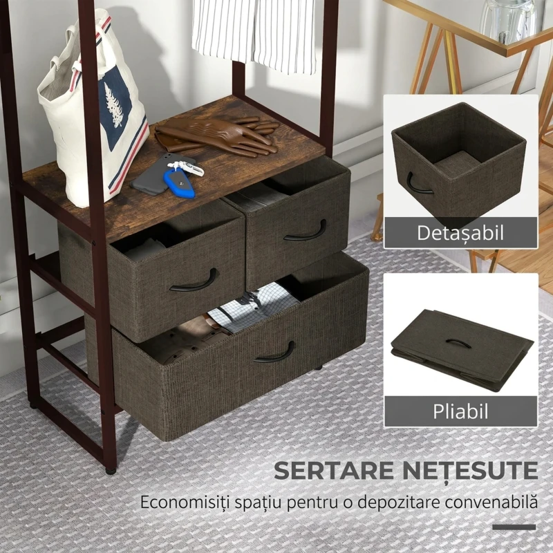 HOMCOM Cuier de Podea cu Bară, 3 Sertare și Rafturi, din Lemn MDF și Oțel, 58,5x30x178 cm, Maro