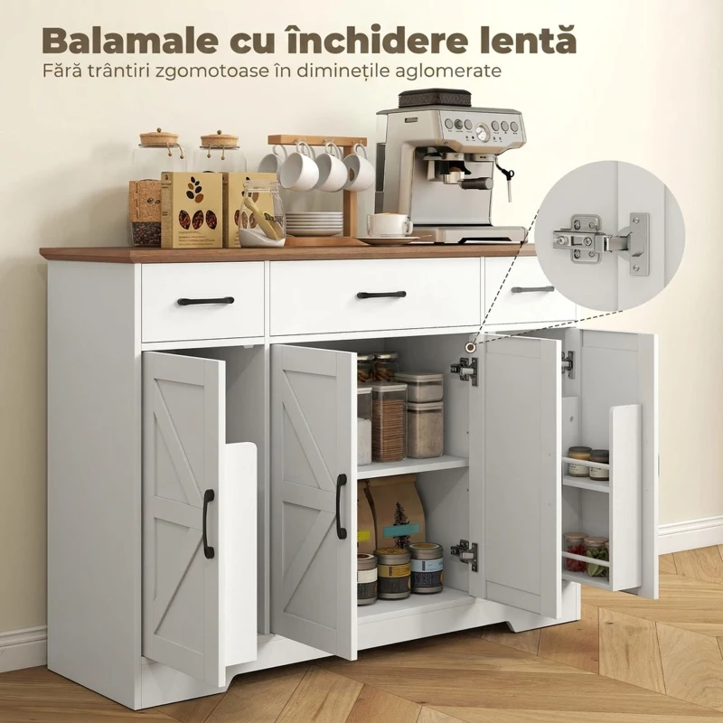 HOMCOM Bufet Bucătărie Rustic, Bufet cu Uși Soft-Close, 3 Sertare, 3 Rafturi Reglabile, Portaspecii, PAL, MDF, Alb