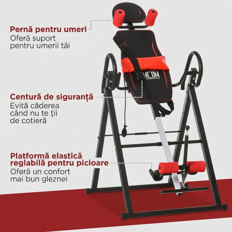 HOMCOM Bancă de Inversiune cu Unghi și Înălțime Reglabile și Tetieră, din Oțel și Plastic, 79x114x153 cm, Roșu și Negru