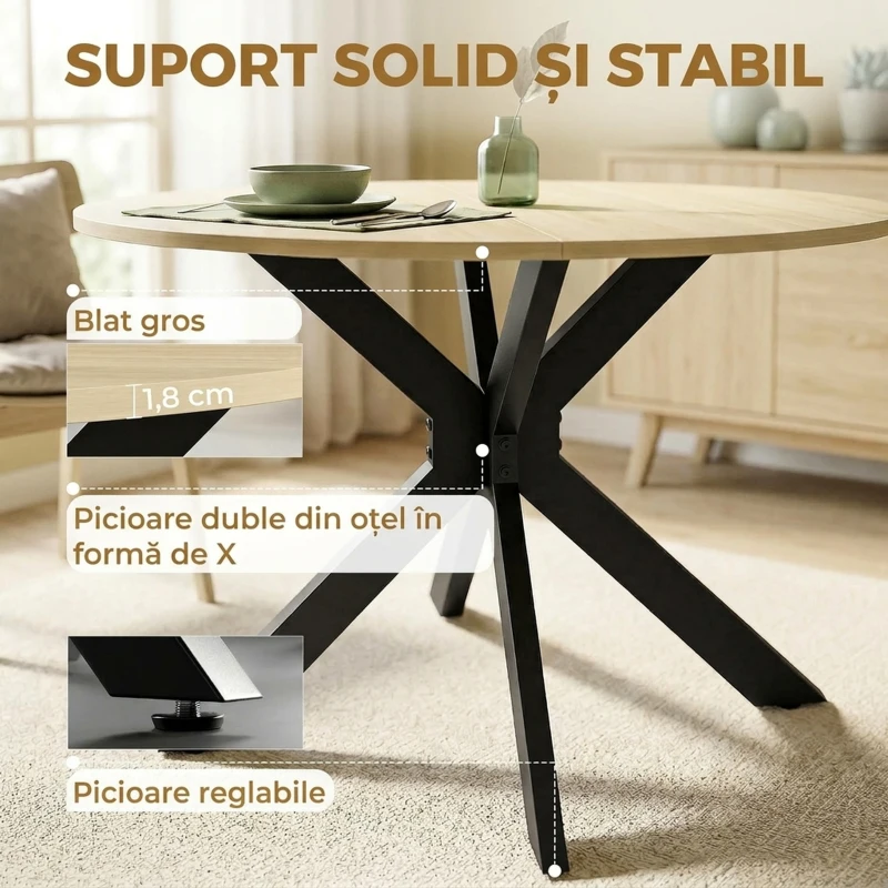 HOMCOM Masă Pliabilă pentru 2-6 Persoane, Cadru Dublu X din Oțel, Finisaj Natural