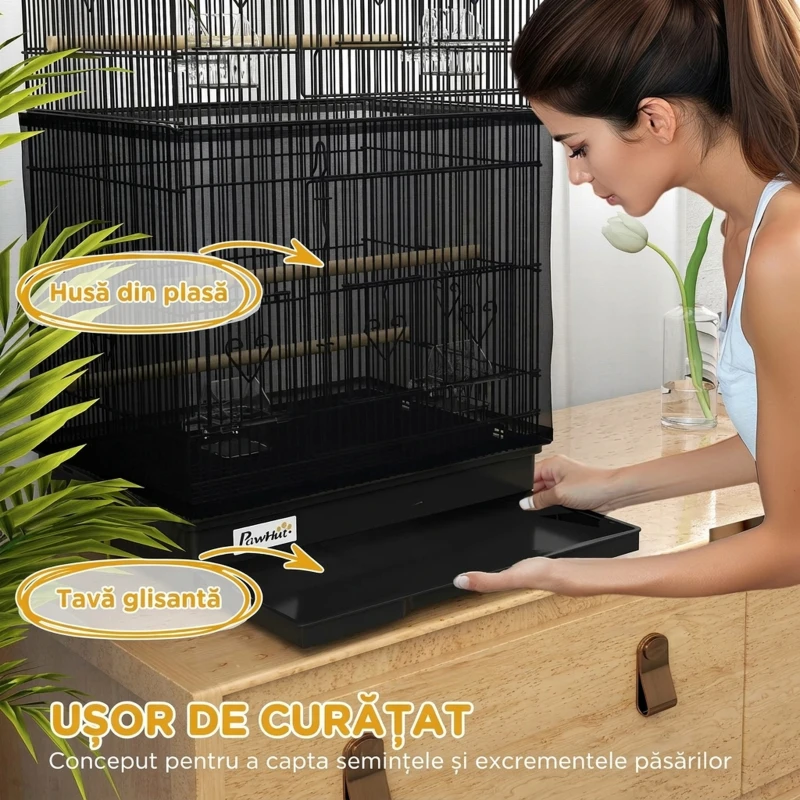 PawHut Colivie pentru pasari cu Stinghii, Leagan si boluri, Voliera din Metal si Plastic, 46.5x35.5x92 cm, Negru