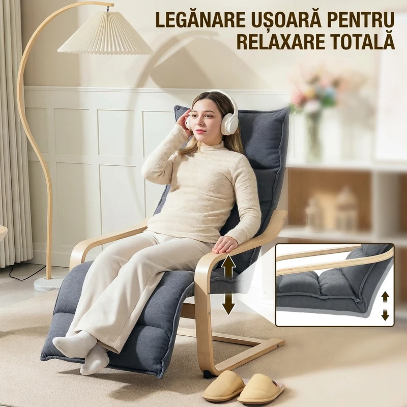 HOMCOM Fotoliu Relaxant din Lemn cu Tapiserie din Catifea și Suport pentru Picioare Reglabil, Gri Închis