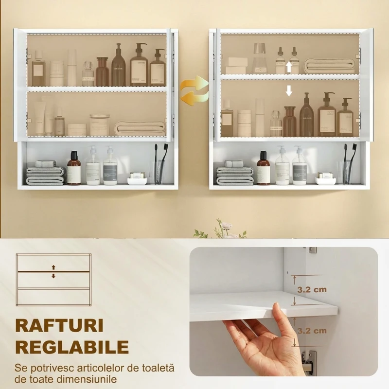 HOMCOM Dulap de Baie Suspendat, Uși Soft-close, Raft Reglabil, 60 x 16 x 60 cm, Alb