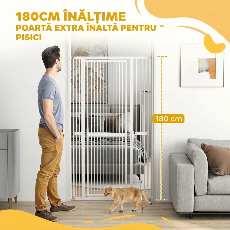PawHut Poartă pentru Câini și Pisici, Înaltă de 180 cm, Extensibilă de la 77-104 cm, Montaj prin Presiune, Albă